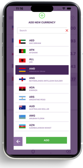 The add-currency screen with a search field and a scrollable list of world currencies.