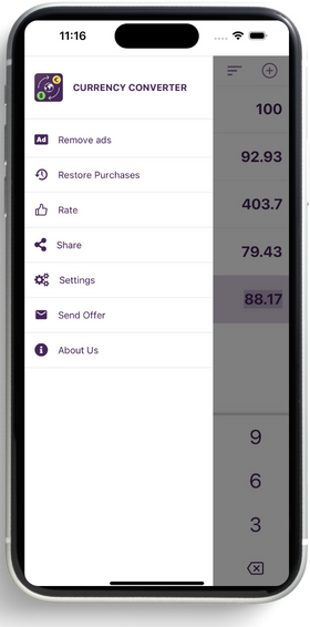 The side menu: remove ads, restore purchases, rate, share, settings, send offer, about us.