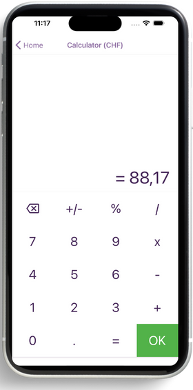 The built-in calculator working out an amount in Swiss francs before converting it.