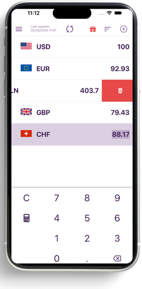 Currency list showing USD, EUR, GBP and CHF with converted amounts; one row is swiped open to delete it.