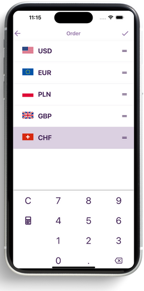 The reorder screen, where currency rows can be dragged into a new order.