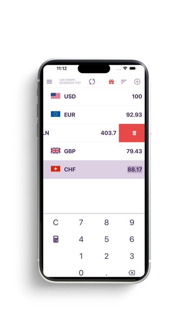 Convertcy on an iPhone: USD, EUR, GBP and CHF converted side by side, with the time of the last rate update at the top.